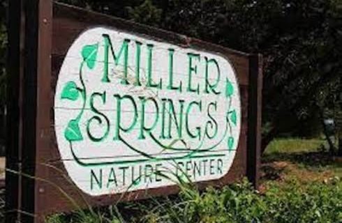 a wood and white sign with green etchings of leaves and the words Miller Springs Nature Center surrounded by green grass, shrubs, and trees