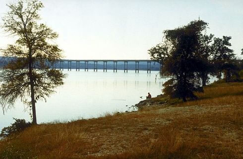 a lake with a bridge across the lake with brown grasses around it and green trees